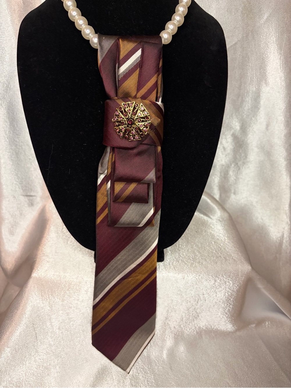 Vince Camuto Burgundy Gold Striped Silk Scarf Tie